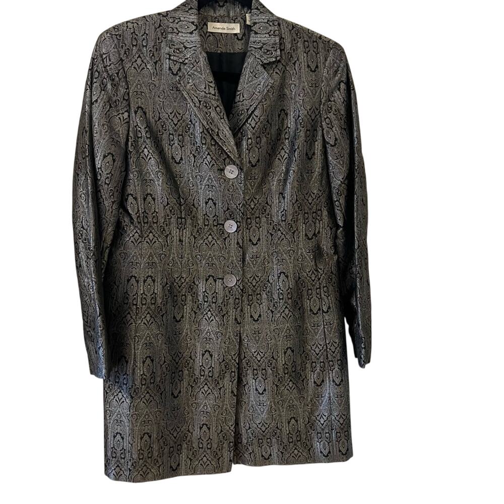 Amanda Smith Silk Suit Jacket Dress Silver Metallic Paisley Size 10